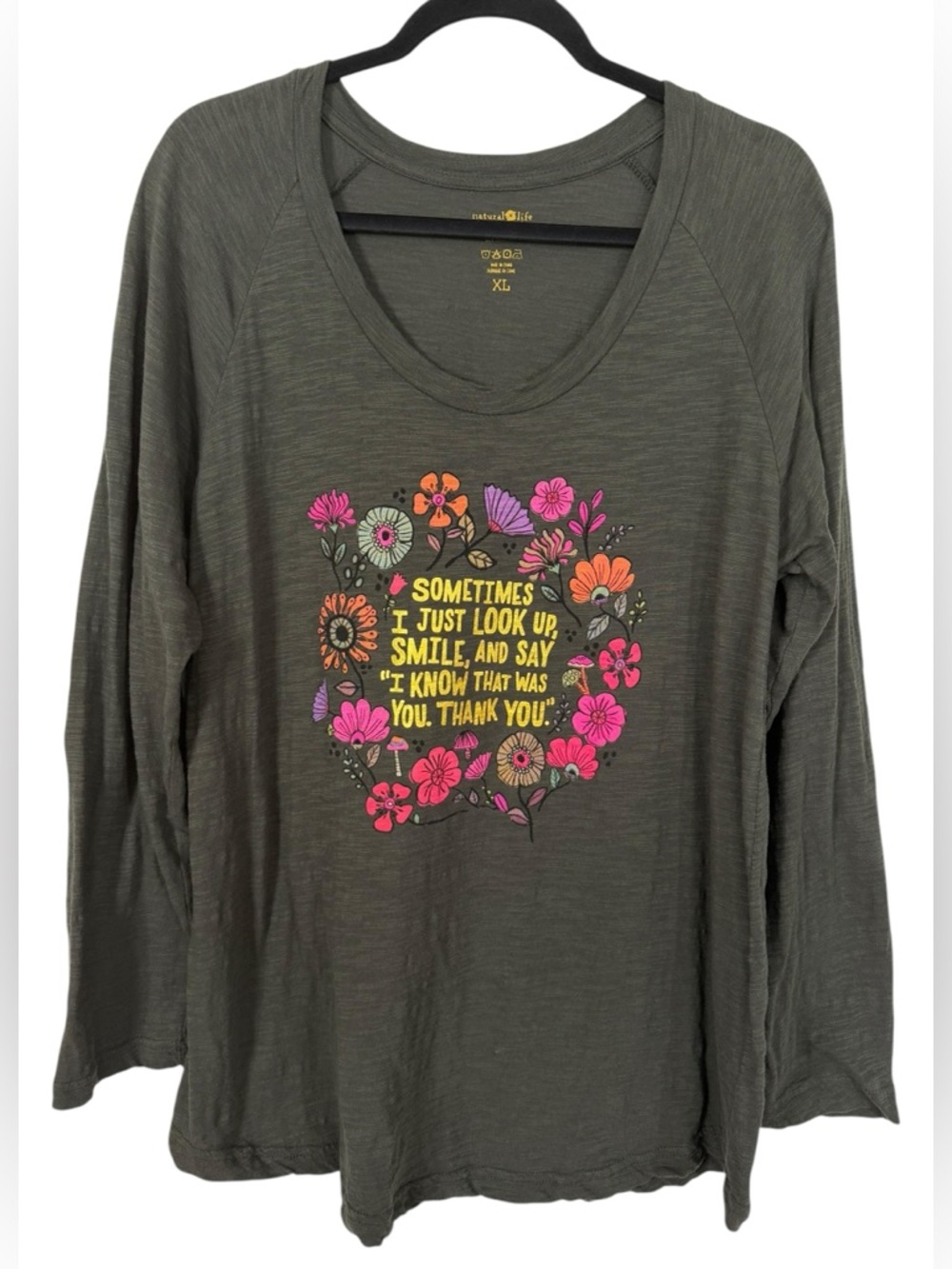 Natural Life Raglan Sleeve T-Shirt Green Floral Quote Size XL